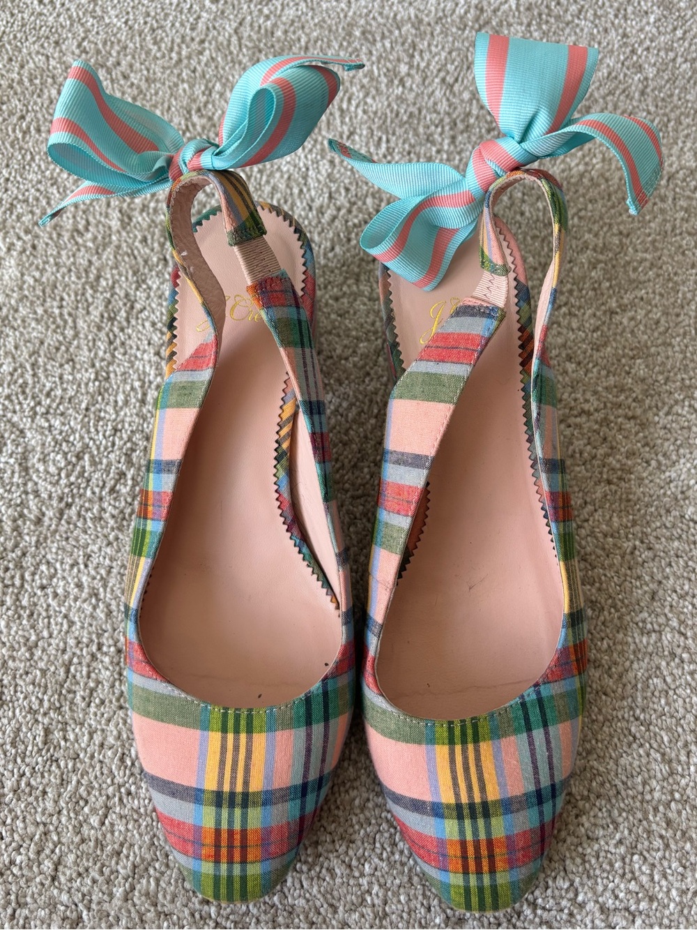 J. Crew Bow-Back Slingback Pumps Pastel Ribbon Plaid Block Heel Preppy Coquette - Picture 4 of 12